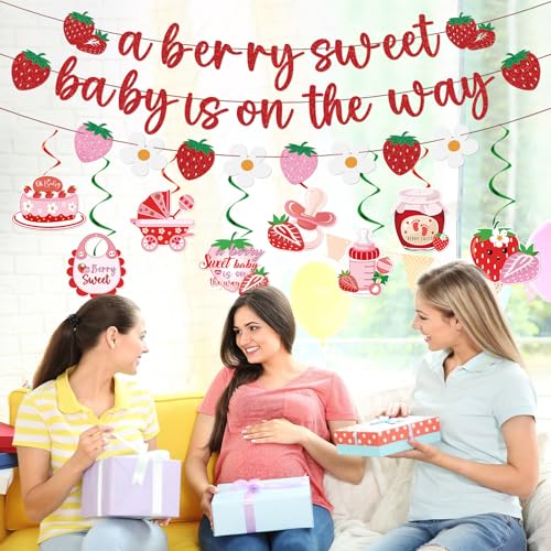 Refavor Strawberry Baby Shower Decorations - 11 Pieces Including Banners and Ceiling Hanging Swirls