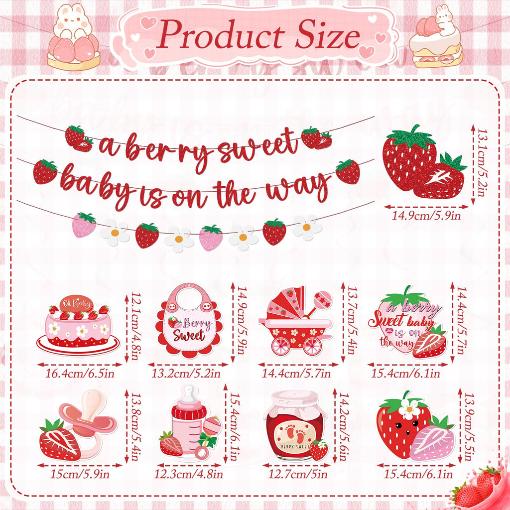 Refavor Strawberry Baby Shower Decorations - 11 Pieces Including Banners and Ceiling Hanging Swirls