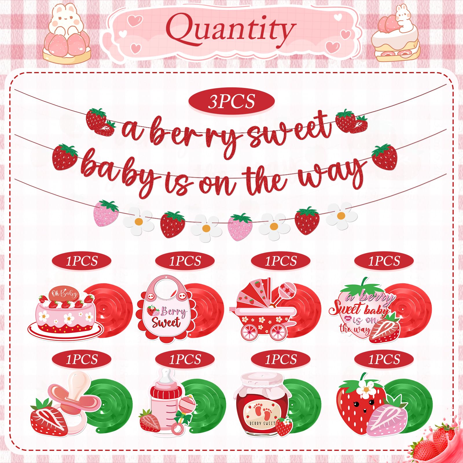 Refavor Strawberry Baby Shower Decorations - 11 Pieces Including Banners and Ceiling Hanging Swirls