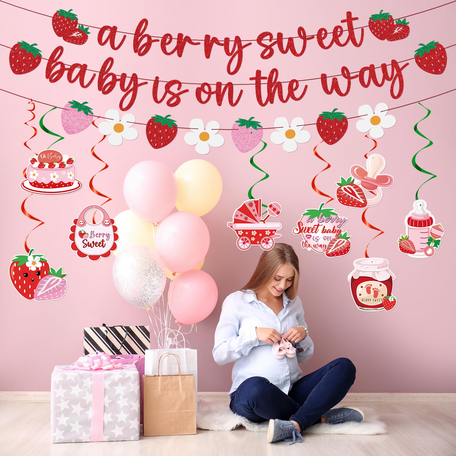 Refavor Strawberry Baby Shower Decorations - 11 Pieces Including Banners and Ceiling Hanging Swirls