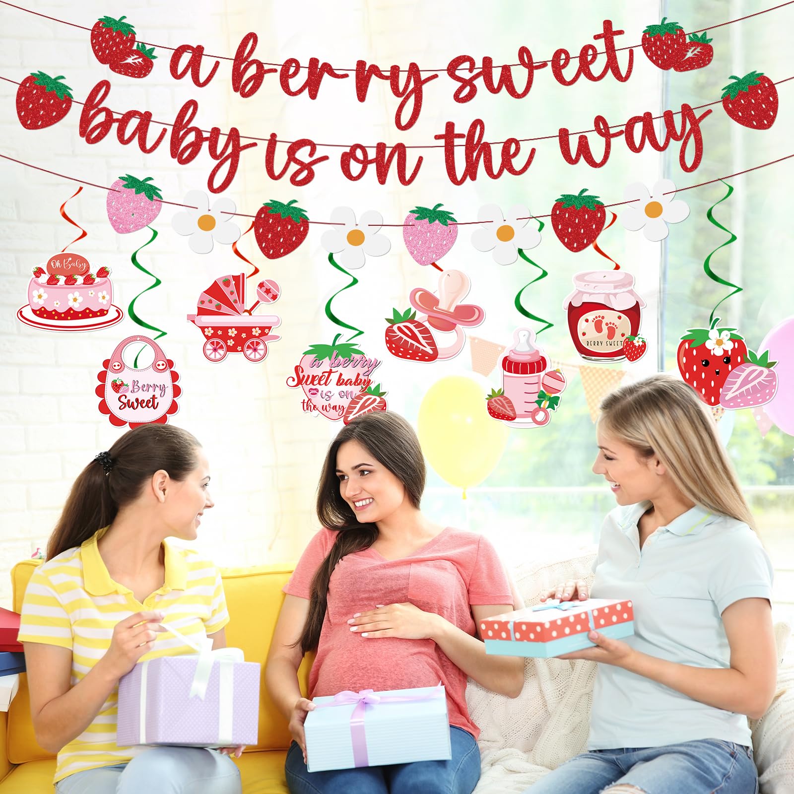Refavor Strawberry Baby Shower Decorations - 11 Pieces Including Banners and Ceiling Hanging Swirls