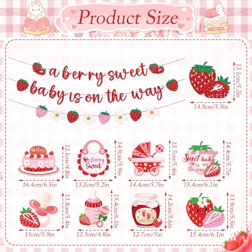 Refavor Strawberry Baby Shower Decorations - 11 Pieces Including Banners and Ceiling Hanging Swirls