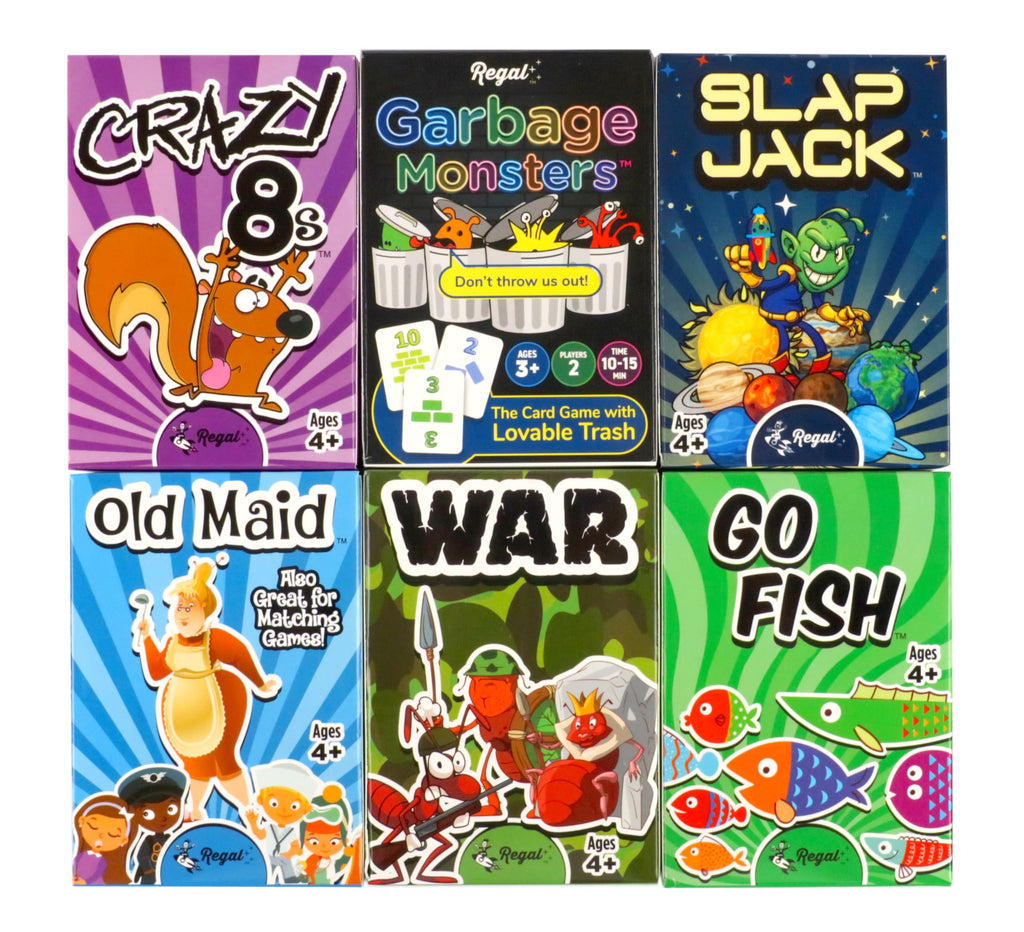 Regal Games 6 Classic Card Games for Kids – Go Fish, Crazy 8's, Old Maid, Slap Jack, War, Silly Monster Memory Match – Extra-Large Cards for Ages 4+