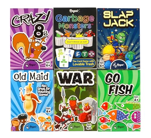 Regal Games 6 Classic Card Games for Kids – Go Fish, Crazy 8's, Old Maid, Slap Jack, War, Silly Monster Memory Match – Extra-Large Cards for Ages 4+