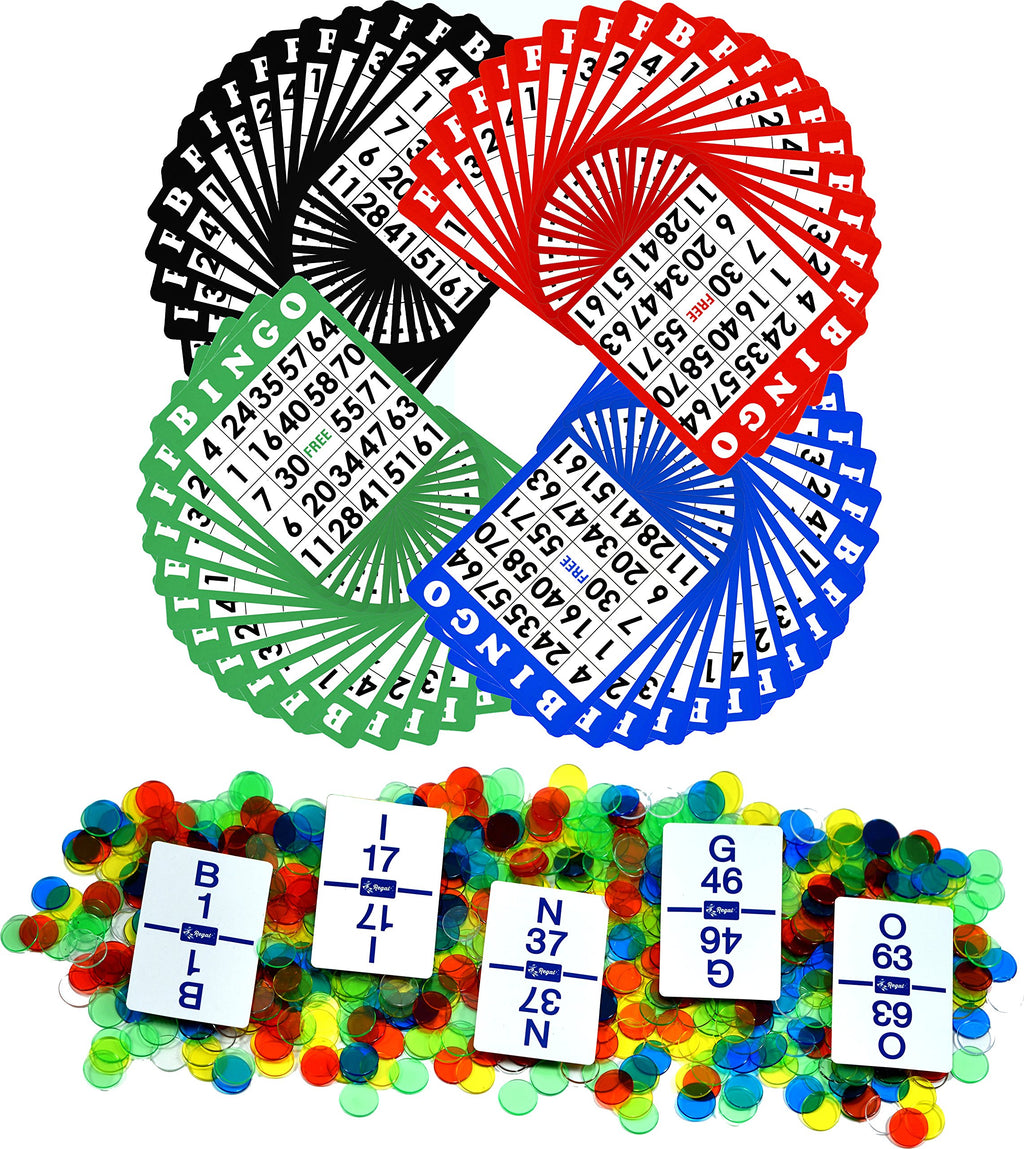 Regal Games Bingo Set: 50 Cards + 50 Calling Cards + 500 Transparent Chips, 4 Colors