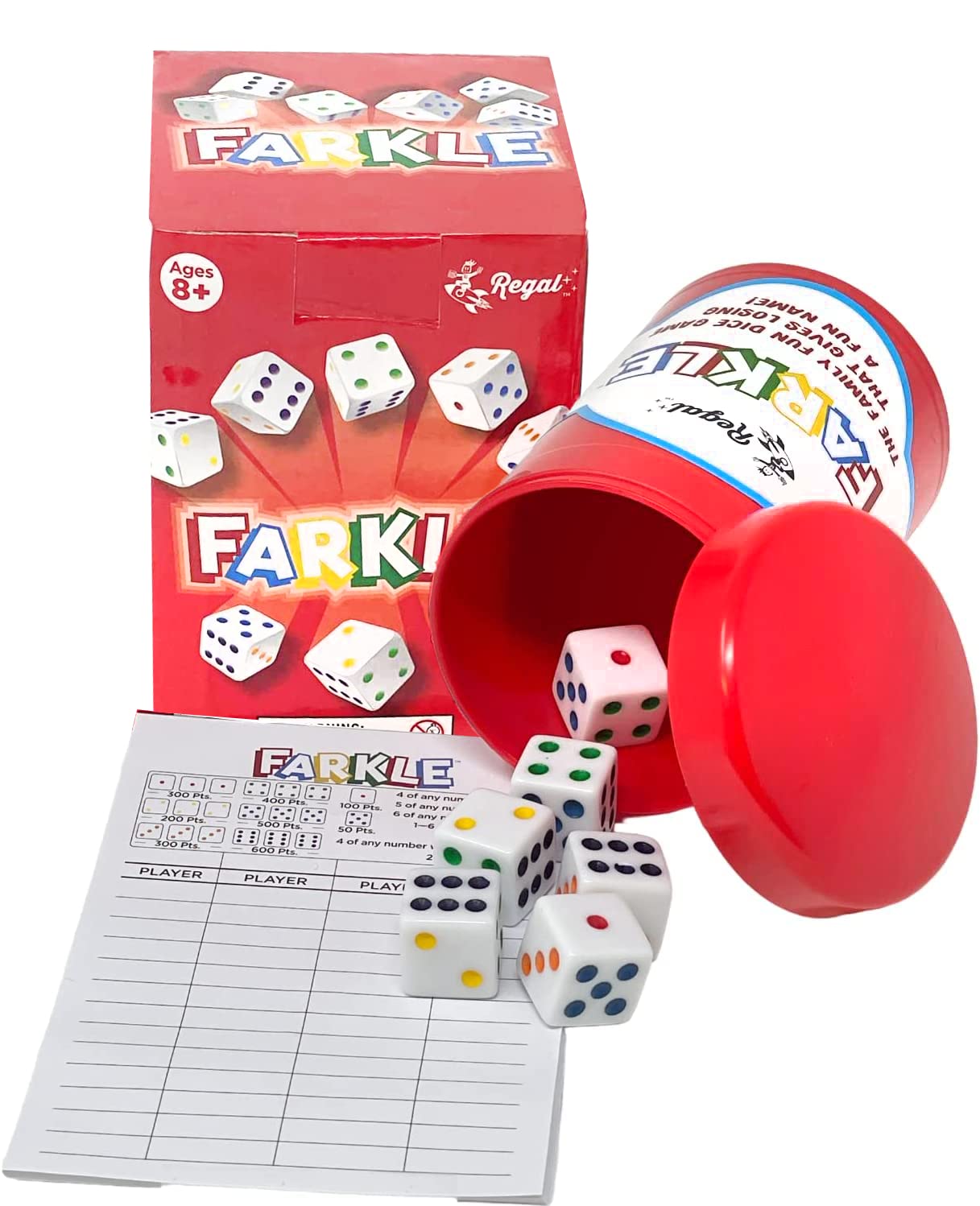 Regal Games Farkle Classic Dice Game – 6 Colored Dice, Cup, 25 Score Sheets – Fun for Travel, Camp, Family Game Night