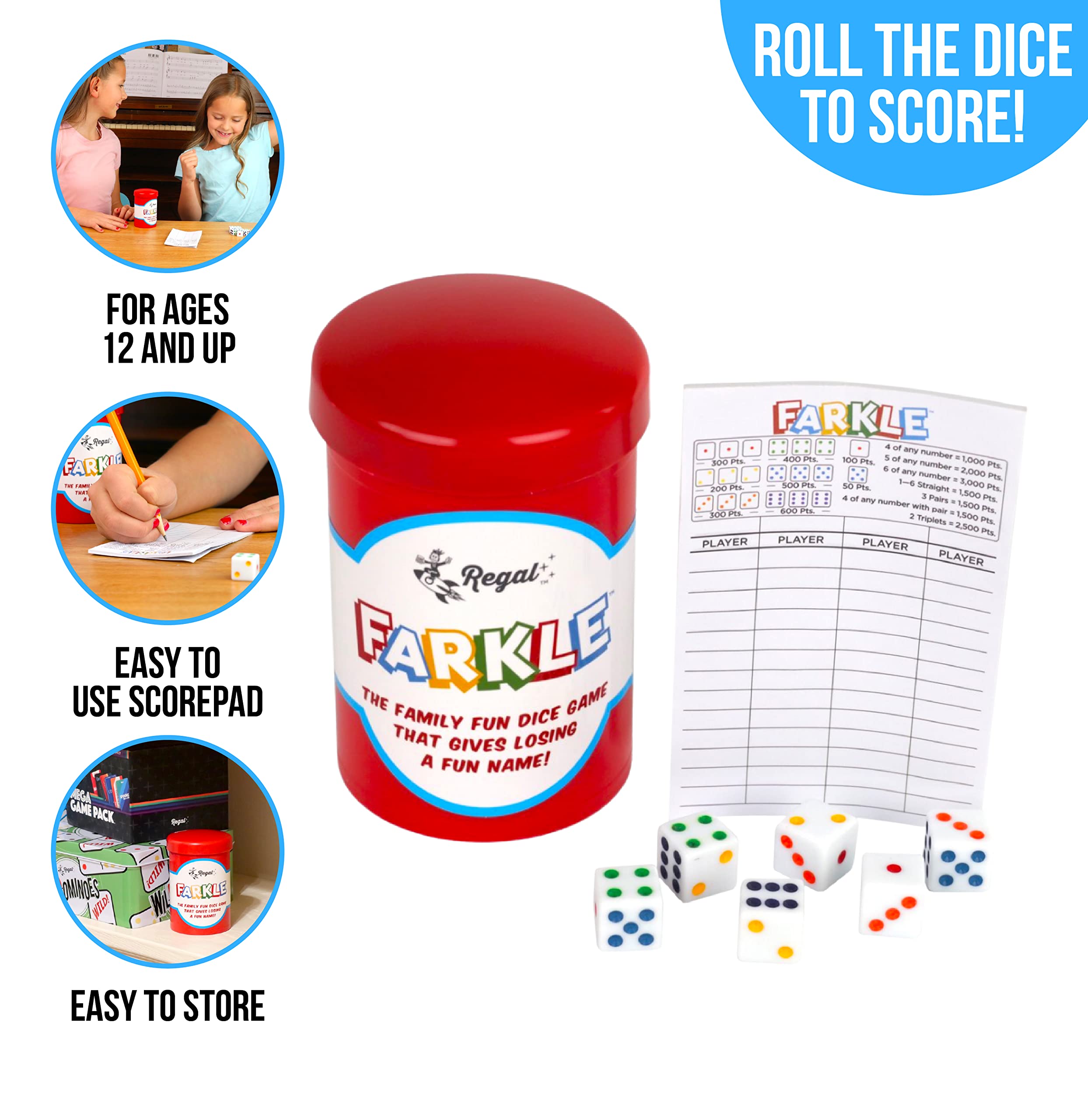 Regal Games Farkle Classic Dice Game – 6 Colored Dice, Cup, 25 Score Sheets – Fun for Travel, Camp, Family Game Night