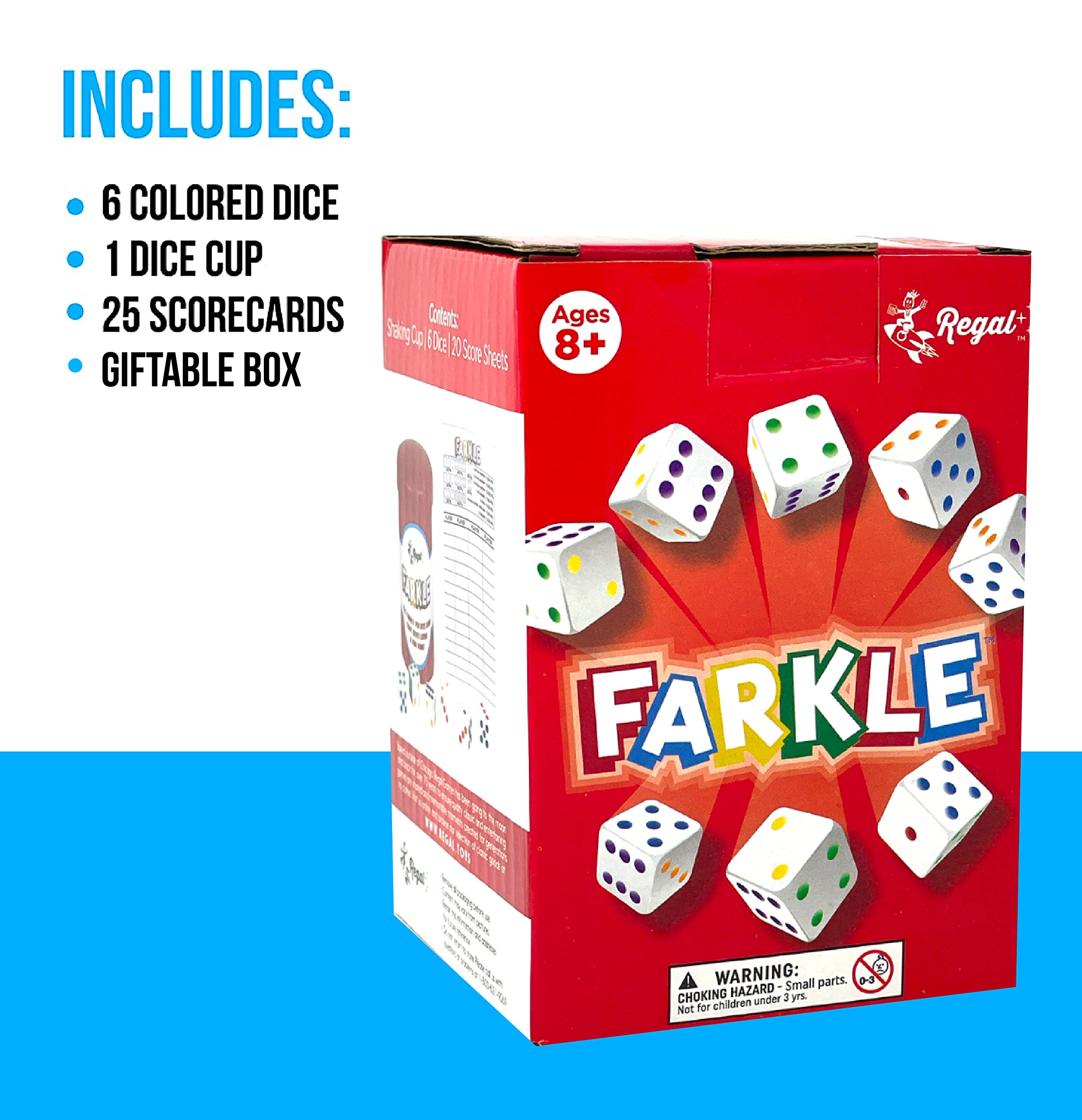 Regal Games Farkle Classic Dice Game – 6 Colored Dice, Cup, 25 Score Sheets – Fun for Travel, Camp, Family Game Night