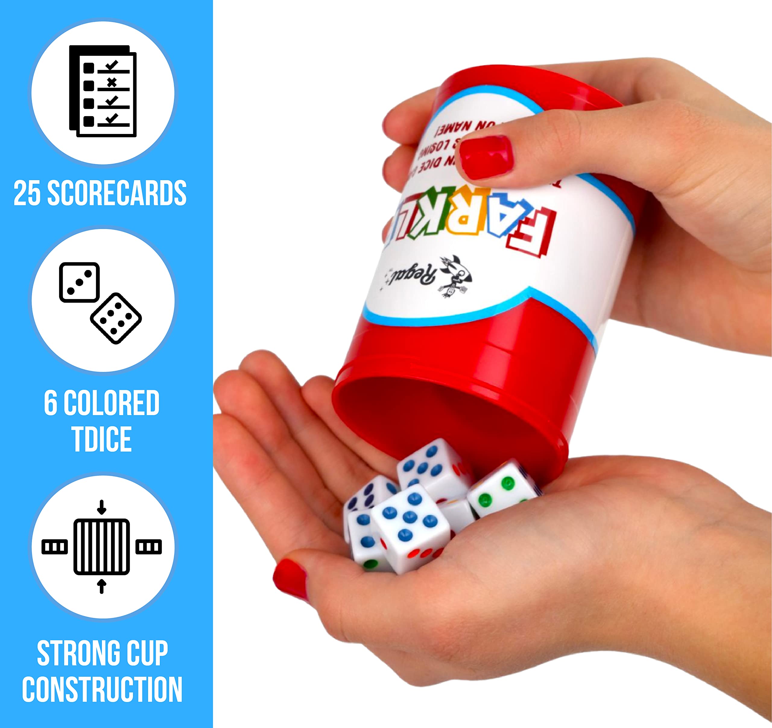 Regal Games Farkle Classic Dice Game – 6 Colored Dice, Cup, 25 Score Sheets – Fun for Travel, Camp, Family Game Night
