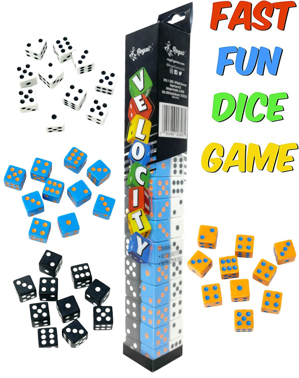 Regal Games Velocity Dice Game Set – 40 Colorful Square Dice with Storage Case for Fast-Paced Family Fun