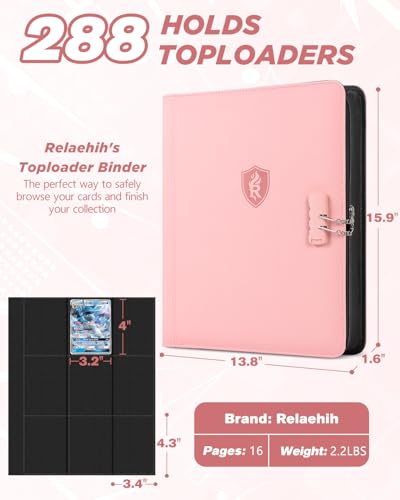 Relaehih 9-Pocket Toploader Binder – Holds 288 Cards, Lock & Zipper, Pink PU Leather