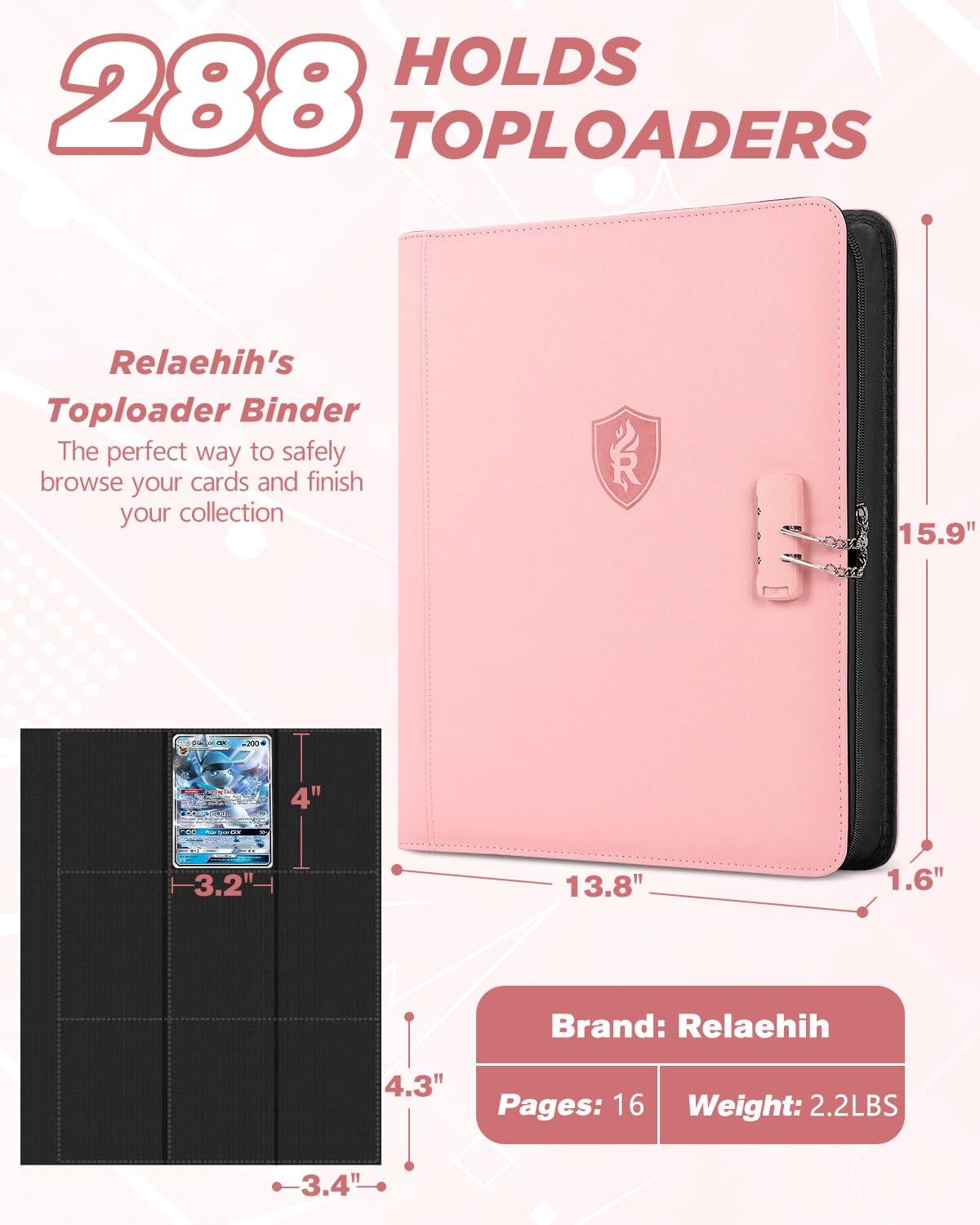 Relaehih 9-Pocket Toploader Binder – Holds 288 Cards, Lock & Zipper, Pink PU Leather