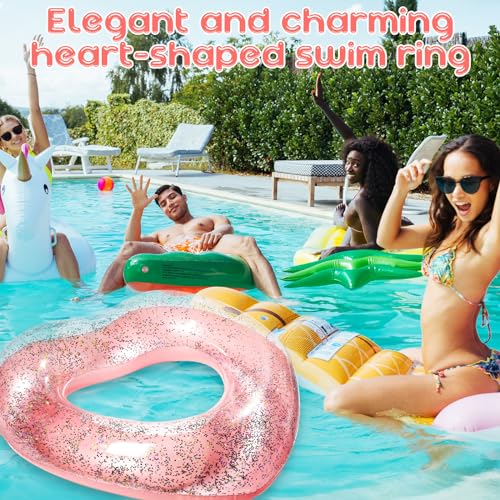 Relaxgiant Heart Pool Float - 47x39 Inflatable Rose Gold Glitter Swim Ring for Adults