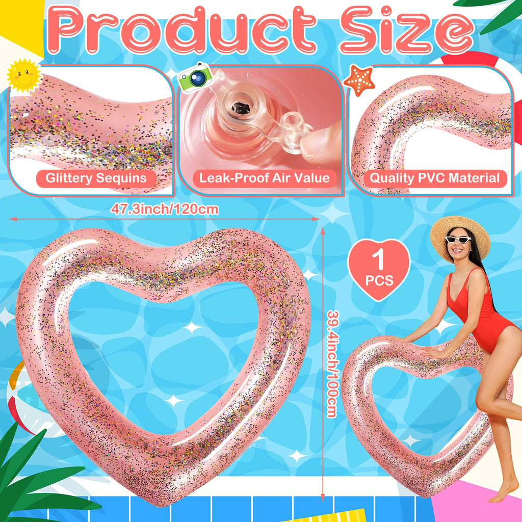 Relaxgiant Heart Pool Float - 47x39 Inflatable Rose Gold Glitter Swim Ring for Adults
