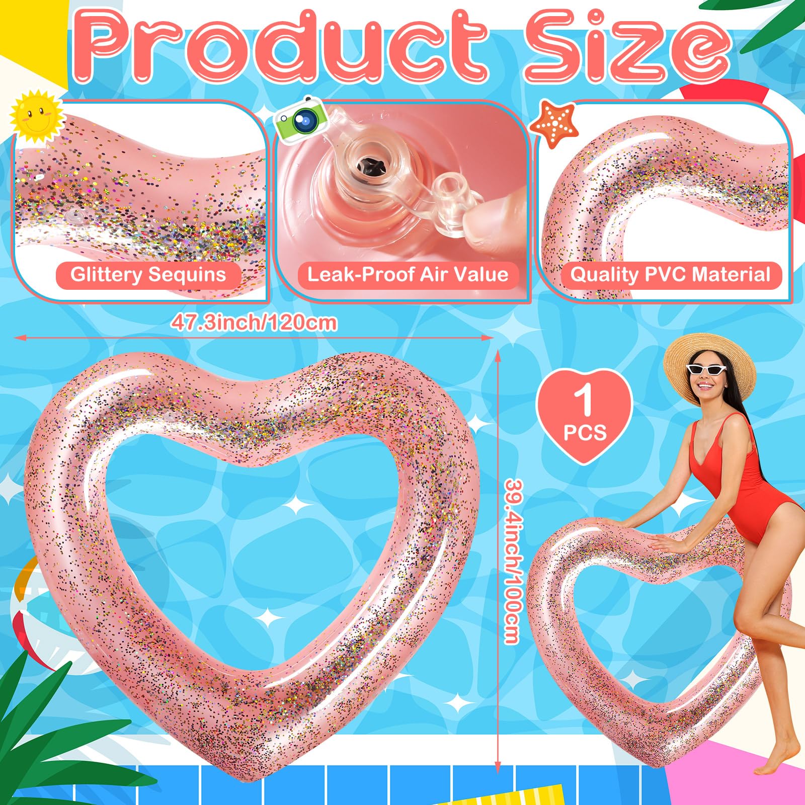 Relaxgiant Heart Pool Float - 47x39 Inflatable Rose Gold Glitter Swim Ring for Adults
