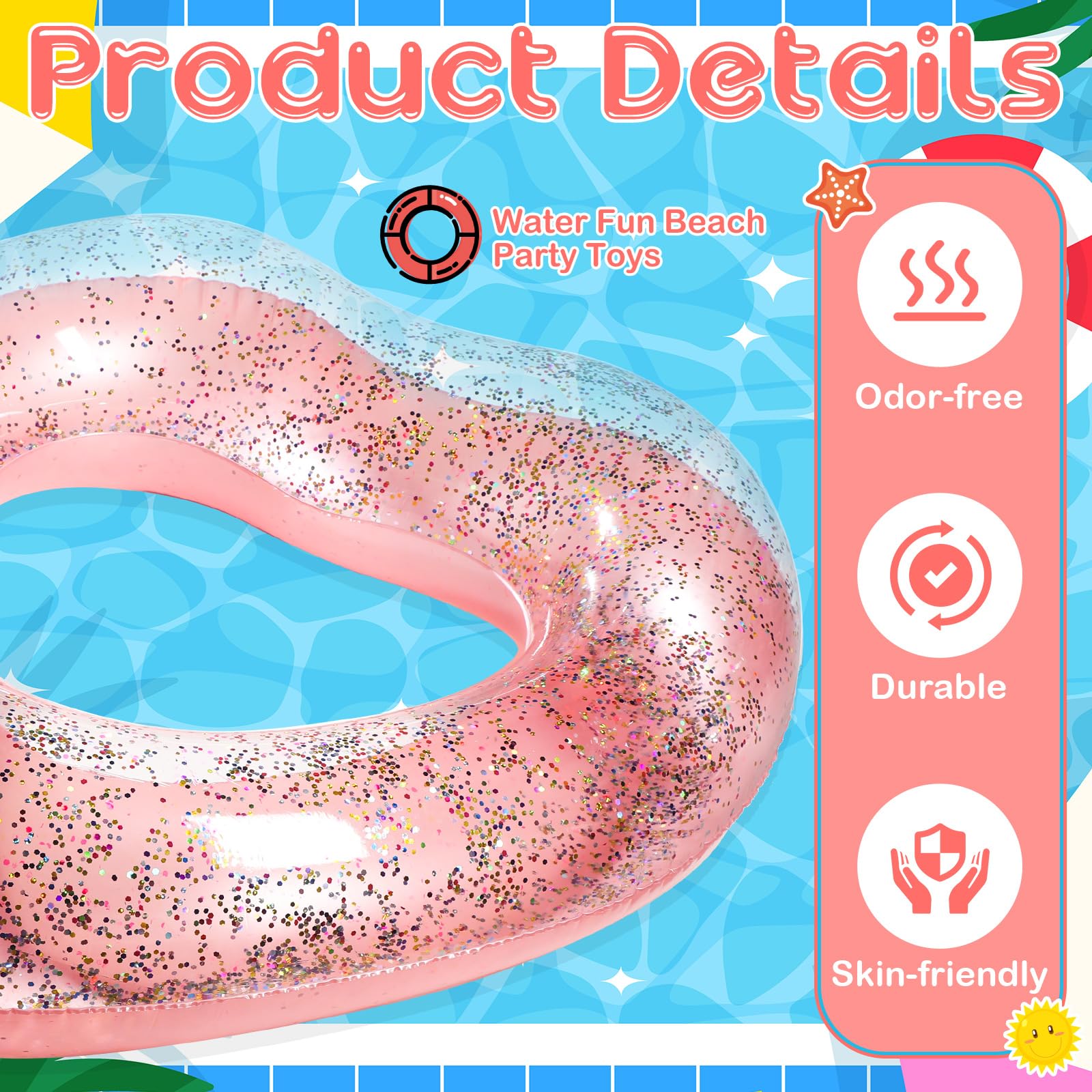 Relaxgiant Heart Pool Float - 47x39 Inflatable Rose Gold Glitter Swim Ring for Adults