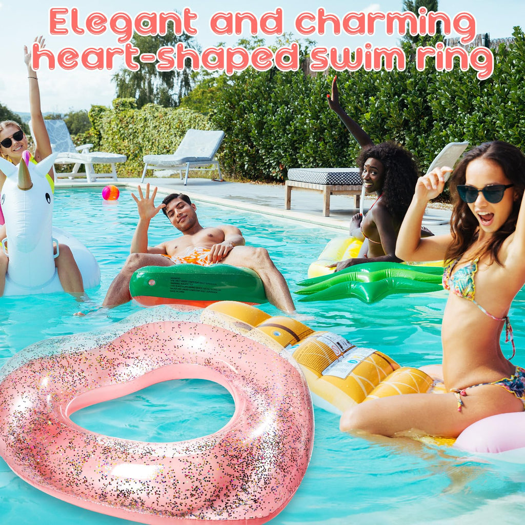 Relaxgiant Heart Pool Float - 47x39 Inflatable Rose Gold Glitter Swim Ring for Adults