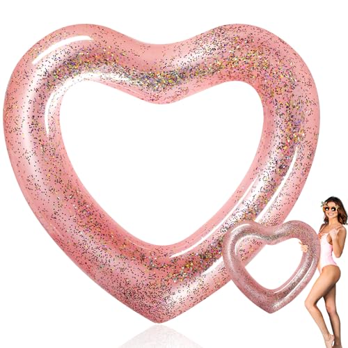 Relaxgiant Heart Pool Float - 47x39 Inflatable Rose Gold Glitter Swim Ring for Adults