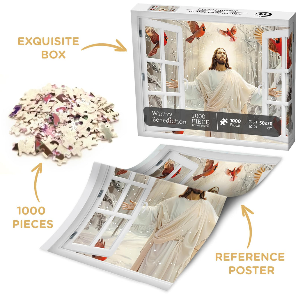 Religious 1000 Piece Jigsaw Puzzle – Winter Cardinal with Jesus Blessing – BBOLDIN