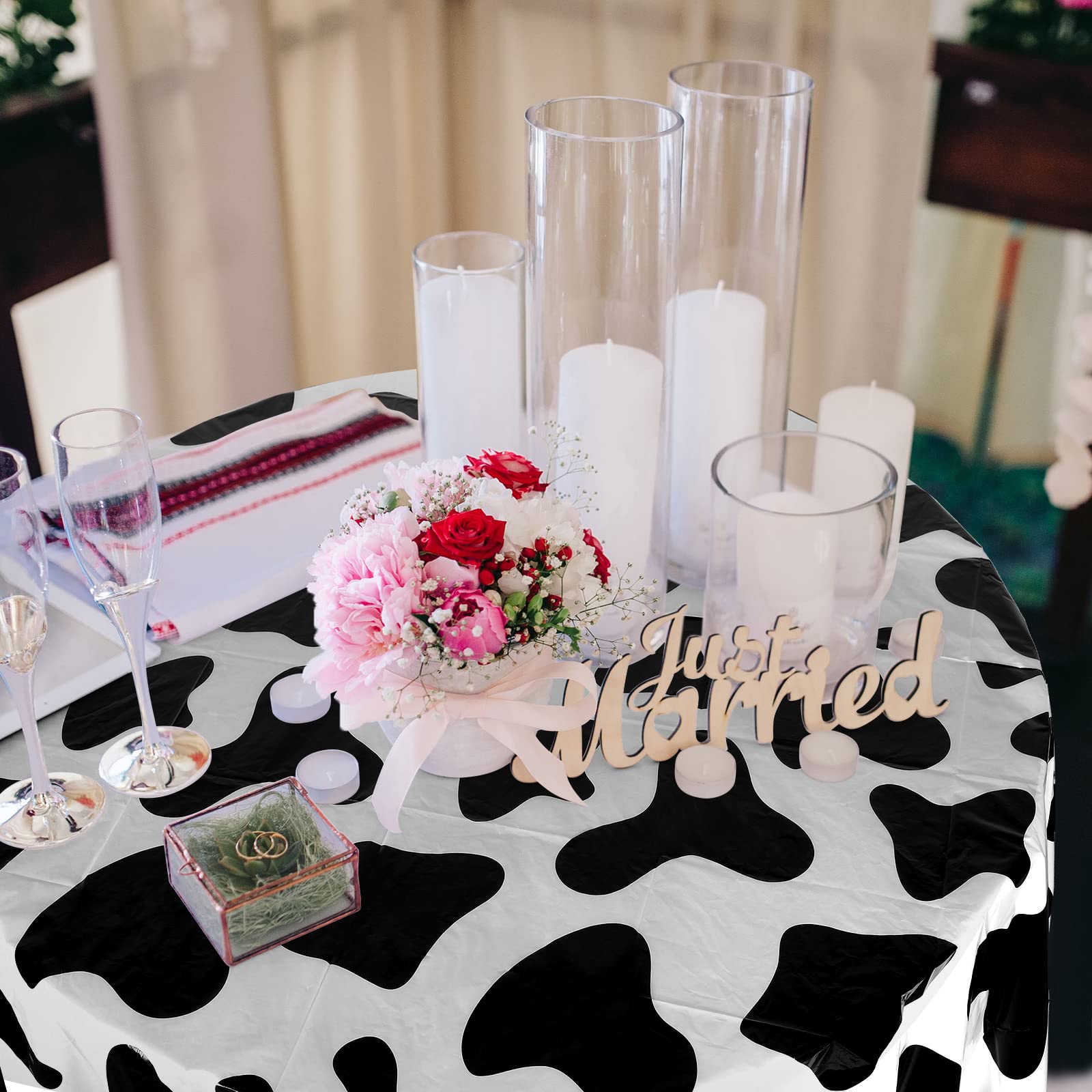 Remagr 3-Pack 84-Inch Round Plastic Cow Print Tablecloths for Farm Theme Parties