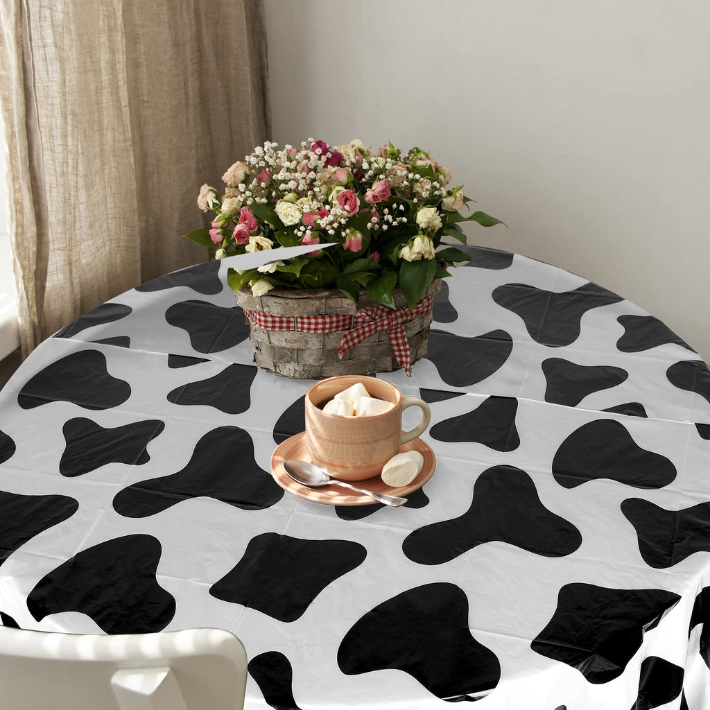 Remagr 3-Pack 84-Inch Round Plastic Cow Print Tablecloths for Farm Theme Parties