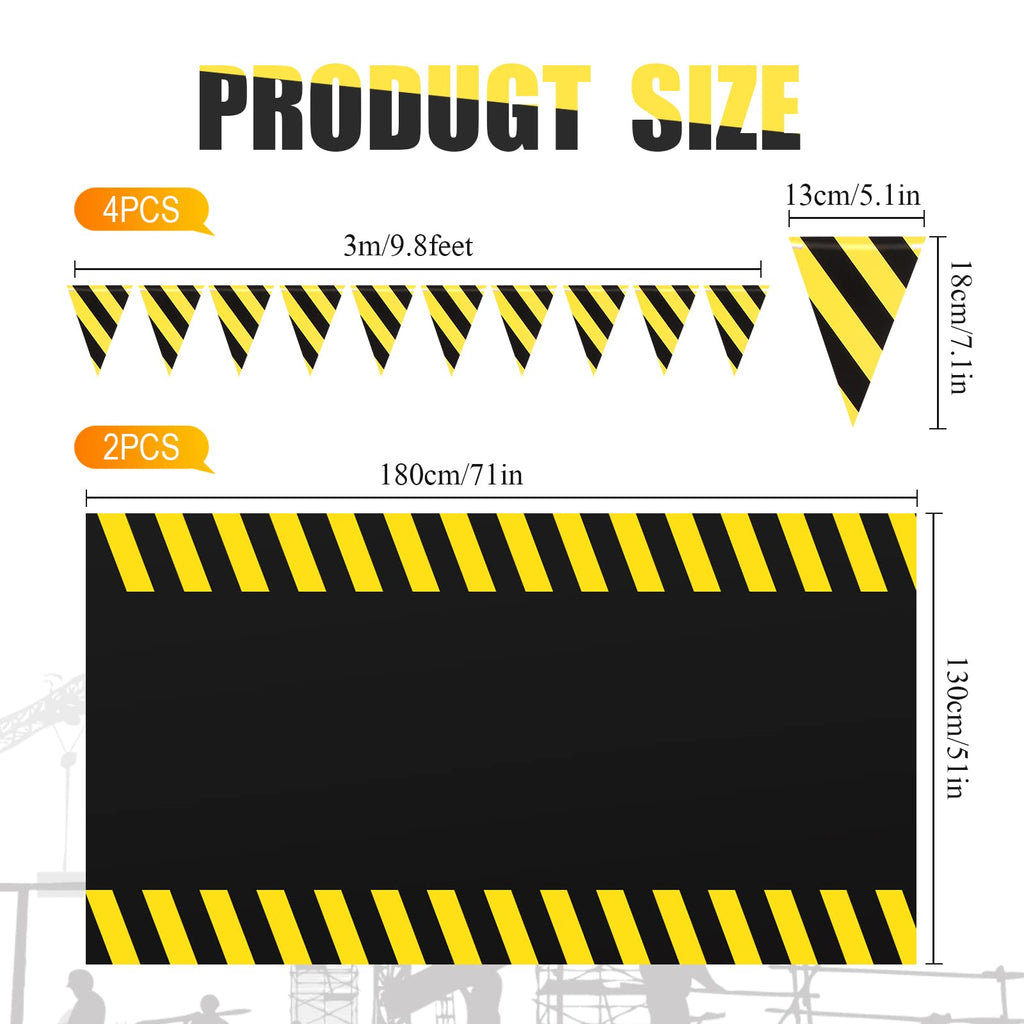 Remagr 6-Piece Construction Party Decor Set – Black Yellow Striped Tablecloths and Banners