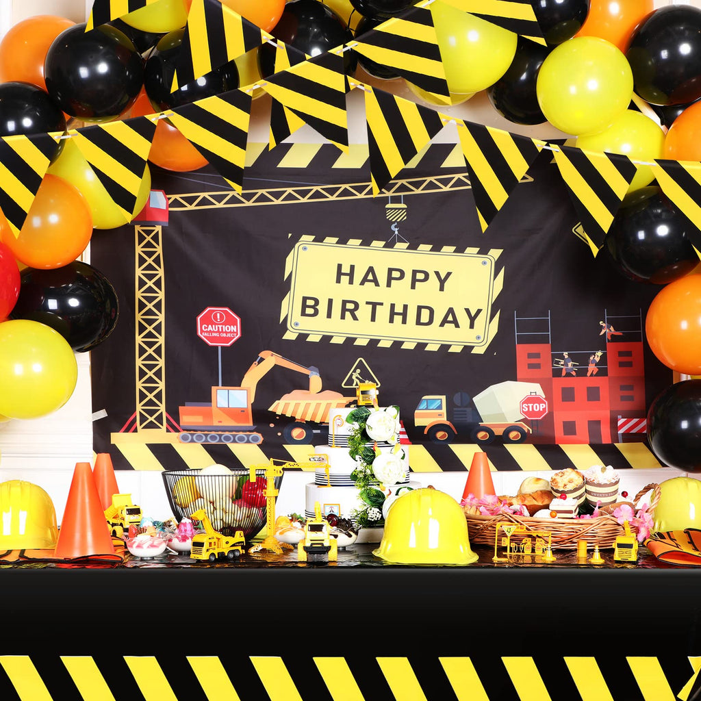 Remagr 6-Piece Construction Party Decor Set – Black Yellow Striped Tablecloths and Banners