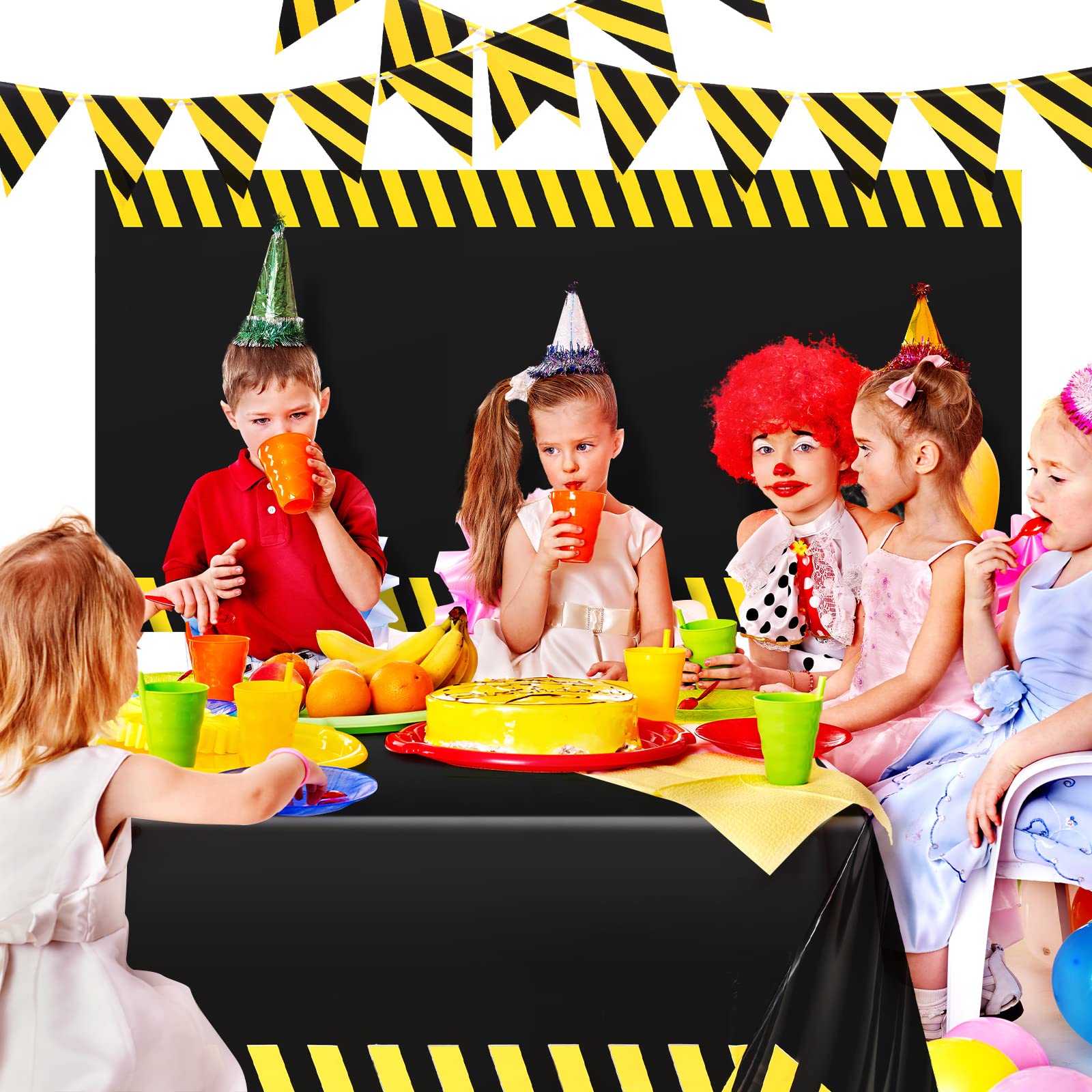Remagr 6-Piece Construction Party Decor Set – Black Yellow Striped Tablecloths and Banners