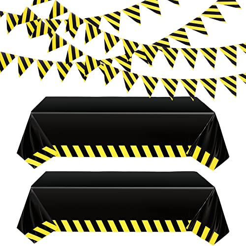 Remagr 6-Piece Construction Party Decor Set – Black Yellow Striped Tablecloths and Banners