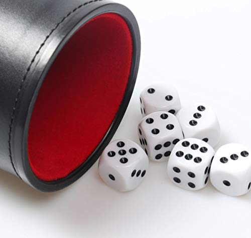 RERIVER Felt Lined PU Leather Dice Cup Set – 2 Cups with 12 Black Dot Dice for Craps, Backgammon, Yahtzee