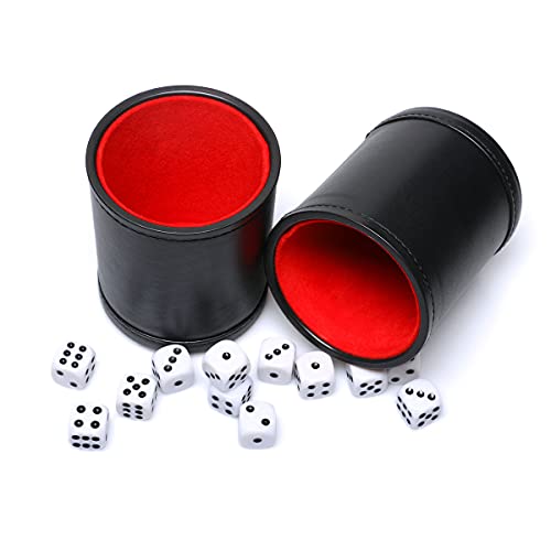 RERIVER Felt Lined PU Leather Dice Cup Set – 2 Cups with 12 Black Dot Dice for Craps, Backgammon, Yahtzee