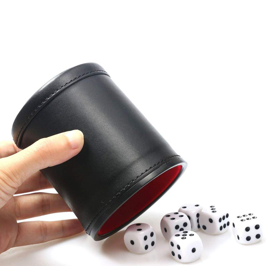 RERIVER Felt Lined PU Leather Dice Cup Set – 2 Cups with 12 Black Dot Dice for Craps, Backgammon, Yahtzee