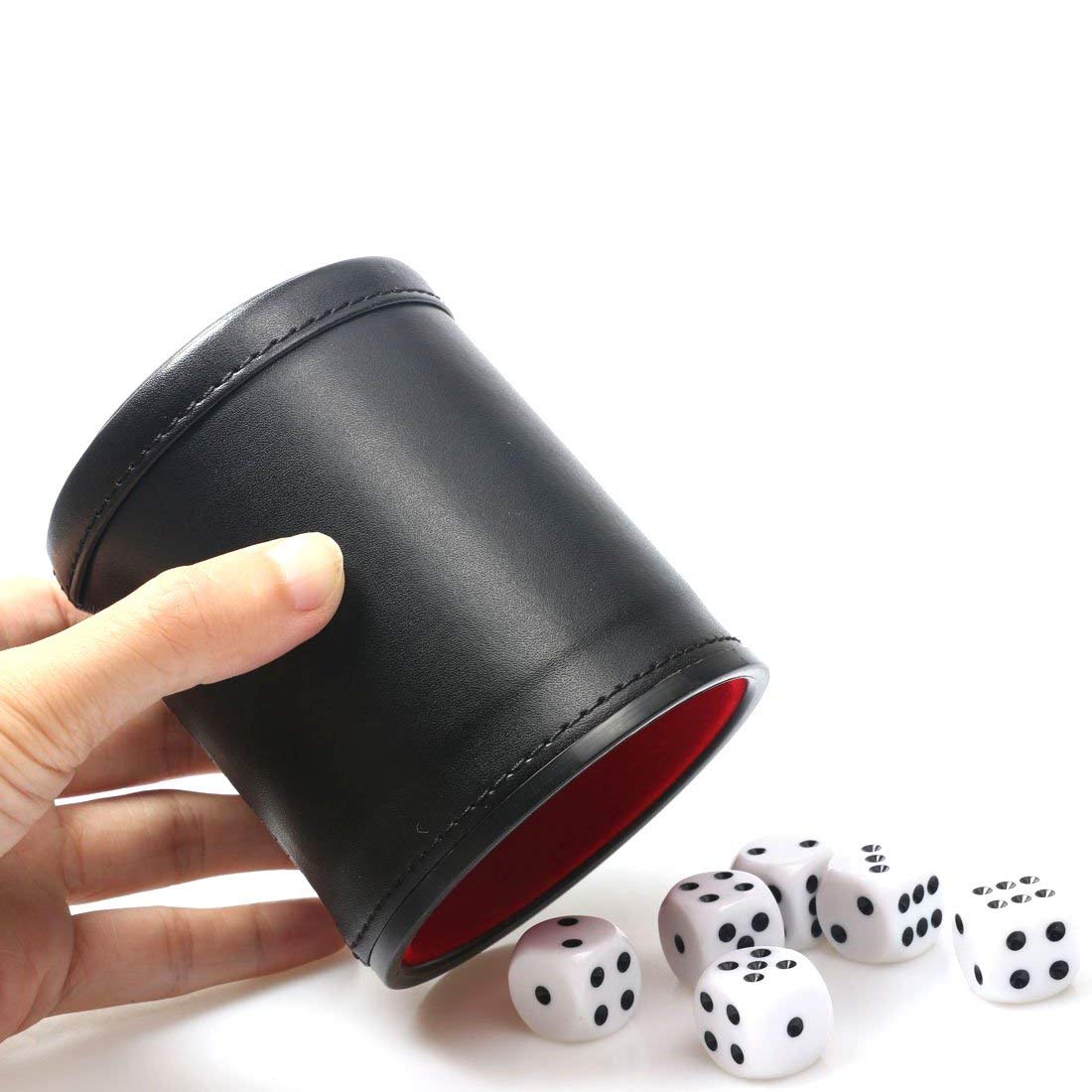 RERIVER Felt Lined PU Leather Dice Cup Set – 2 Cups with 12 Black Dot Dice for Craps, Backgammon, Yahtzee