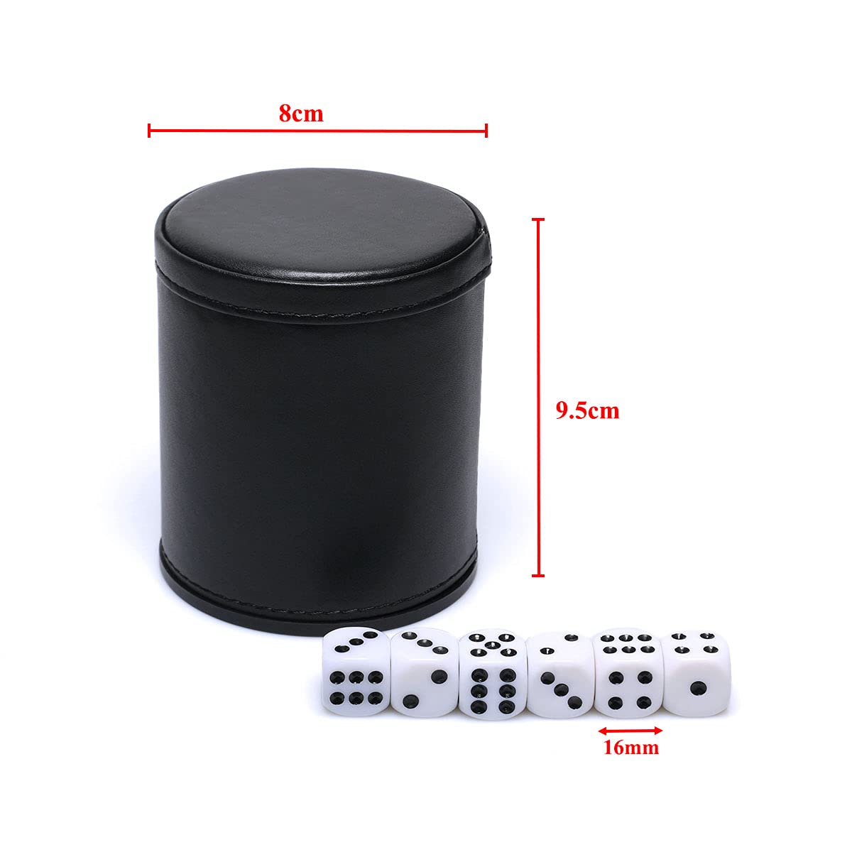 RERIVER Felt Lined PU Leather Dice Cup Set – 2 Cups with 12 Black Dot Dice for Craps, Backgammon, Yahtzee