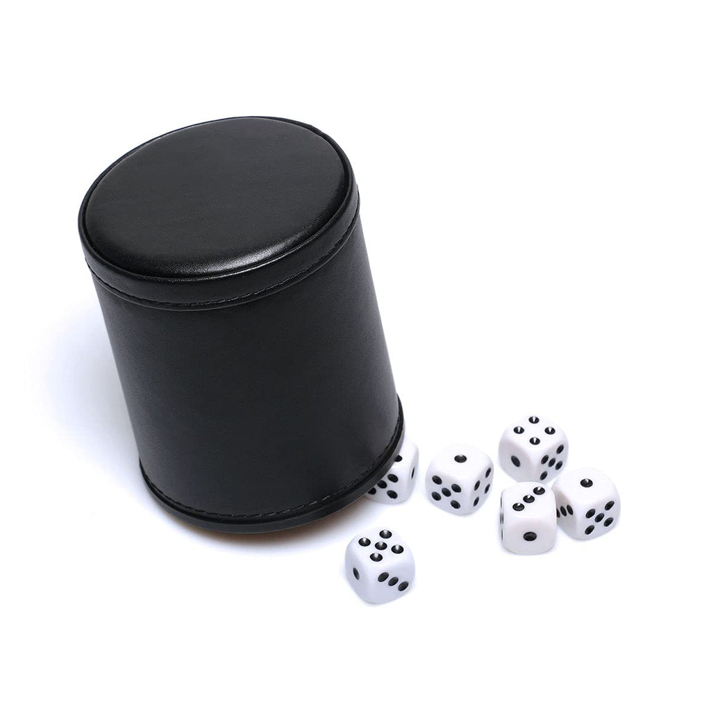 RERIVER Felt Lined PU Leather Dice Cup Set – 2 Cups with 12 Black Dot Dice for Craps, Backgammon, Yahtzee