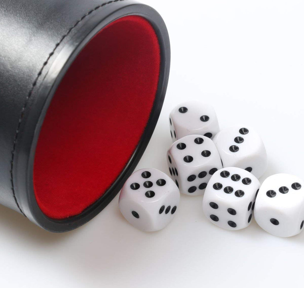RERIVER Felt Lined PU Leather Dice Cup Set – 2 Cups with 12 Black Dot Dice for Craps, Backgammon, Yahtzee