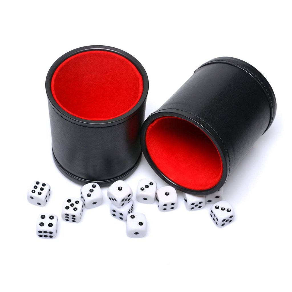 RERIVER Felt Lined PU Leather Dice Cup Set – 2 Cups with 12 Black Dot Dice for Craps, Backgammon, Yahtzee
