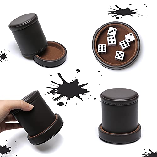 RERIVER PU Leather Dice Cup with Lid – Dark Chocolate Felt-Lined Shaker for Liars Dice, Farkle, Yahtzee – Includes 6 Black Dot Dice