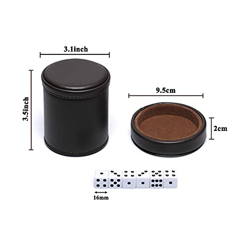 RERIVER PU Leather Dice Cup with Lid – Dark Chocolate Felt-Lined Shaker for Liars Dice, Farkle, Yahtzee – Includes 6 Black Dot Dice