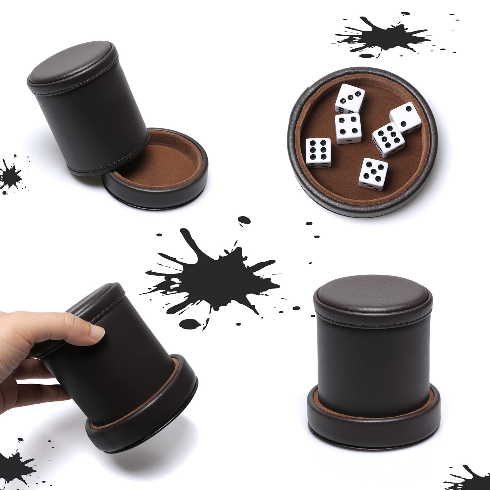 RERIVER PU Leather Dice Cup with Lid – Dark Chocolate Felt-Lined Shaker for Liars Dice, Farkle, Yahtzee – Includes 6 Black Dot Dice
