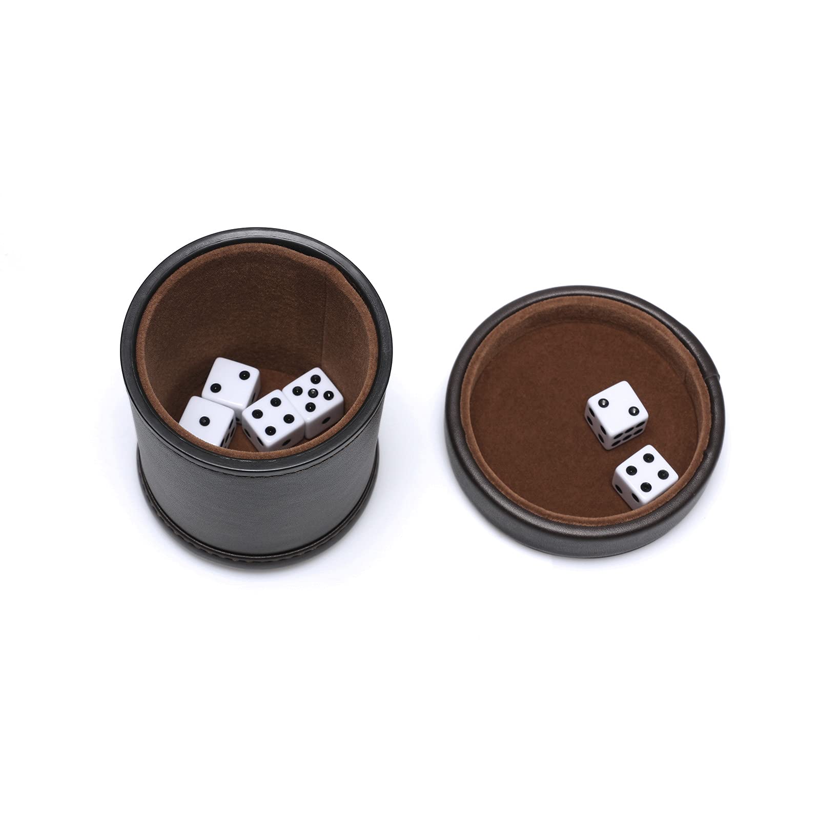 RERIVER PU Leather Dice Cup with Lid – Dark Chocolate Felt-Lined Shaker for Liars Dice, Farkle, Yahtzee – Includes 6 Black Dot Dice