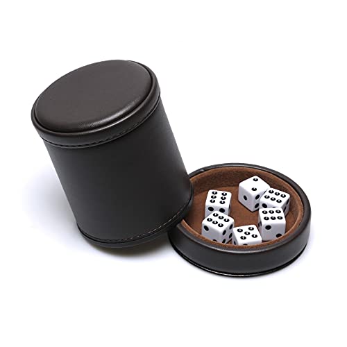 RERIVER PU Leather Dice Cup with Lid – Dark Chocolate Felt-Lined Shaker for Liars Dice, Farkle, Yahtzee – Includes 6 Black Dot Dice