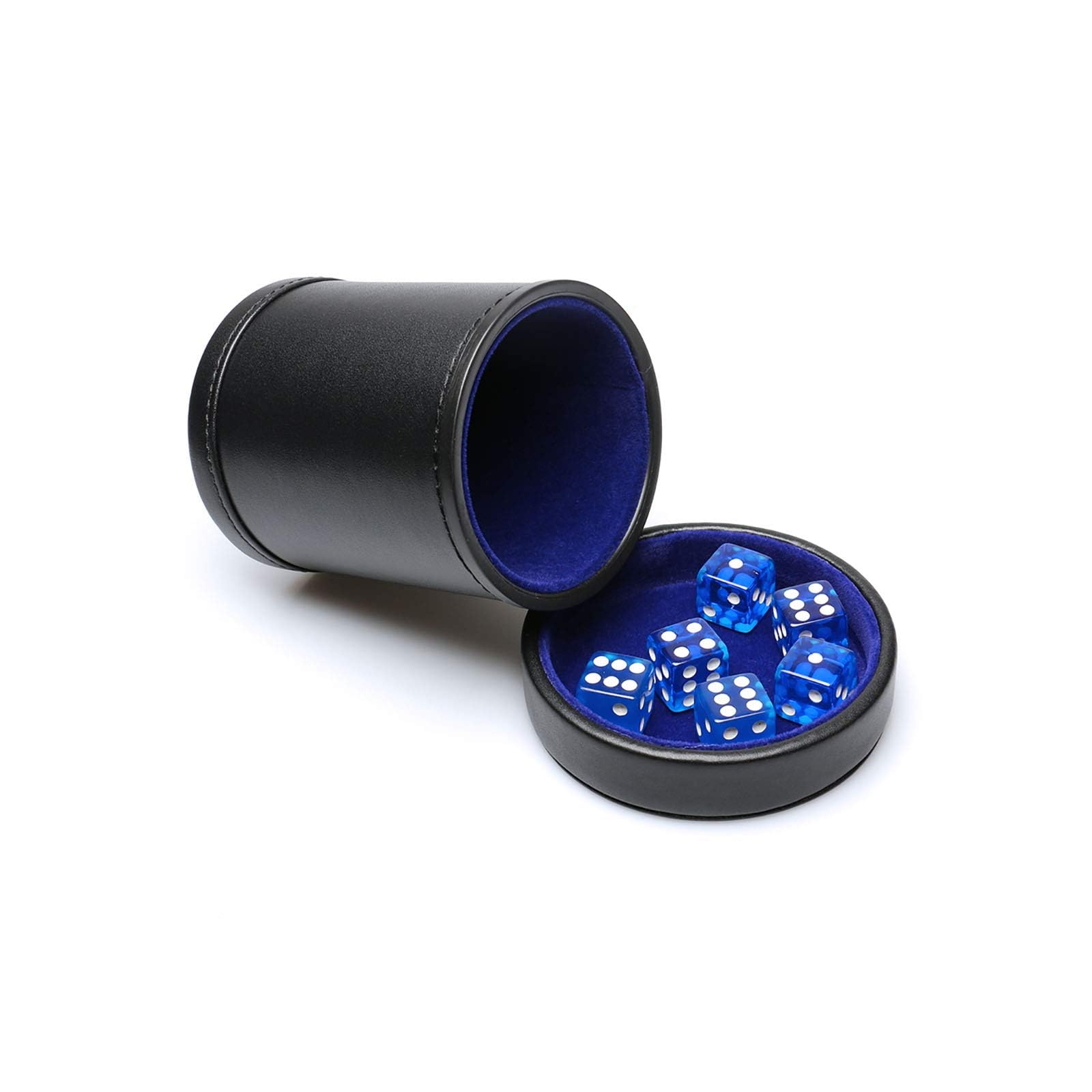RERIVER PU Leather Dice Cup with Lid – Quiet Felt-Lined Shaker with 6 Blue Translucent Dice for Liar's Dice, Farkle, Yahtzee