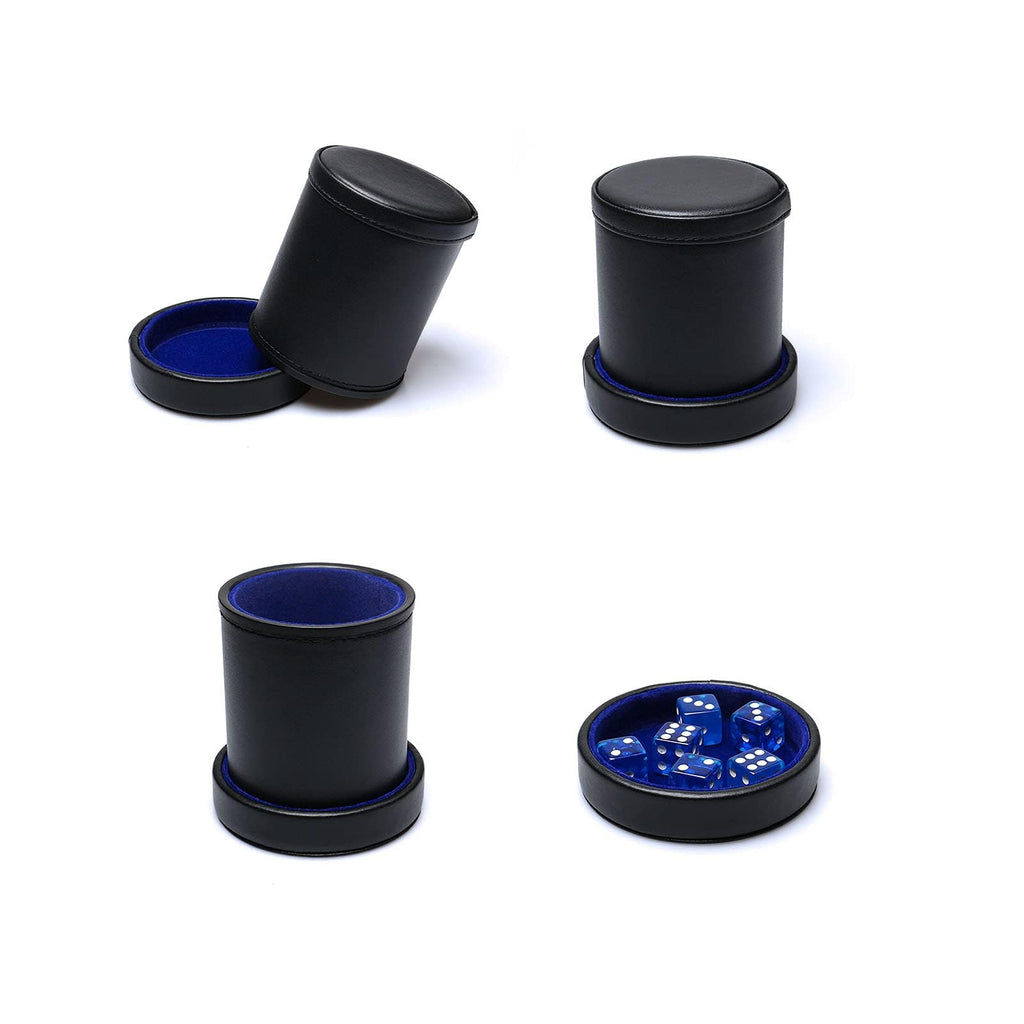 RERIVER PU Leather Dice Cup with Lid – Quiet Felt-Lined Shaker with 6 Blue Translucent Dice for Liar's Dice, Farkle, Yahtzee