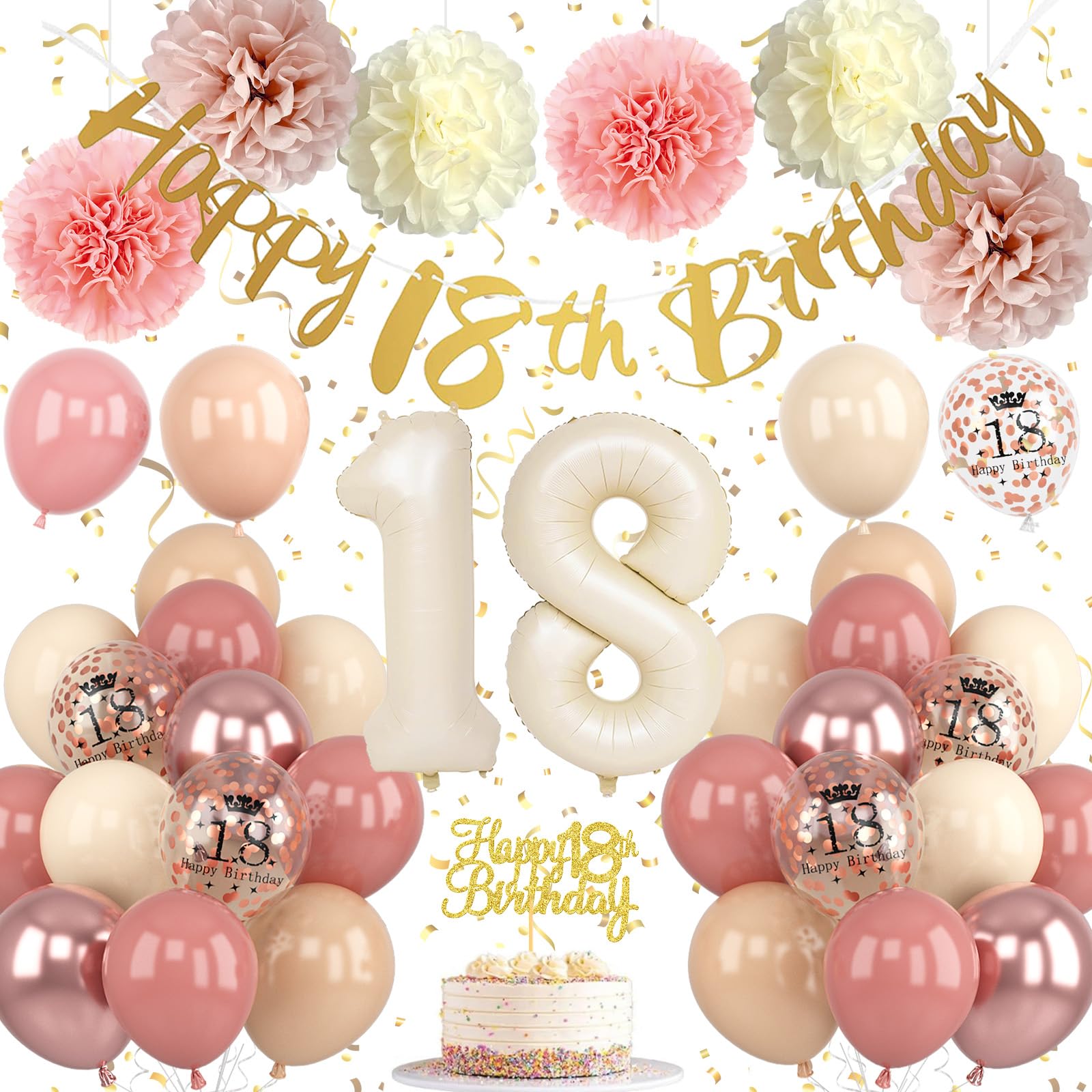 Retro Blush Pink 18th Birthday Decorations Kit – Balloons, Banner, Cake Topper, Pom Poms