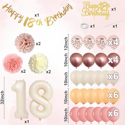 Retro Blush Pink 18th Birthday Decorations Kit – Balloons, Banner, Cake Topper, Pom Poms
