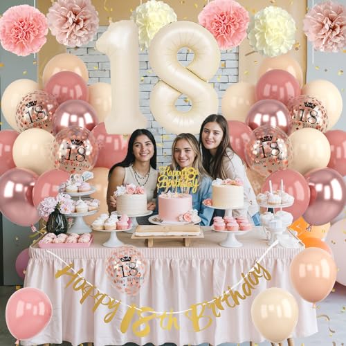 Retro Blush Pink 18th Birthday Decorations Kit – Balloons, Banner, Cake Topper, Pom Poms