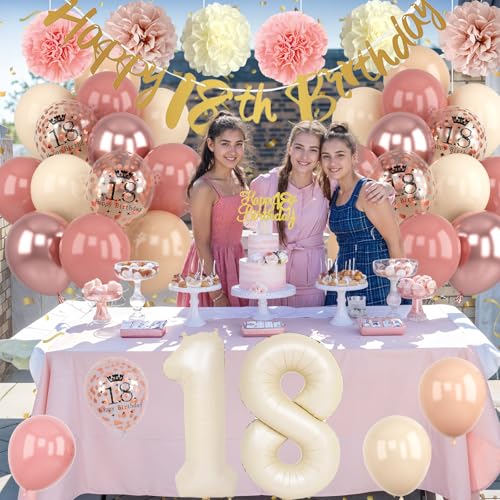 Retro Blush Pink 18th Birthday Decorations Kit – Balloons, Banner, Cake Topper, Pom Poms