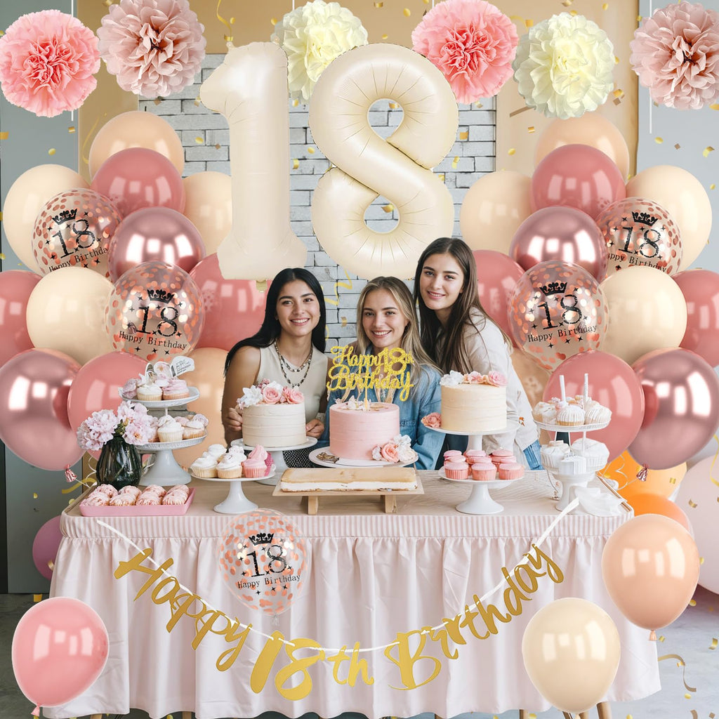 Retro Blush Pink 18th Birthday Decorations Kit – Balloons, Banner, Cake Topper, Pom Poms