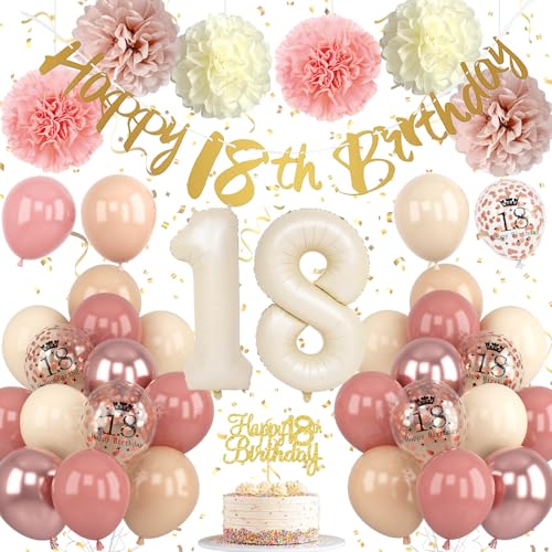 Retro Blush Pink 18th Birthday Decorations Kit – Balloons, Banner, Cake Topper, Pom Poms
